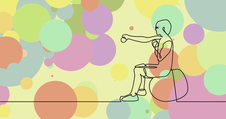 Image of drawing of sportswoman exercising and spots on green background