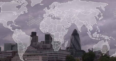 Image of world map and data processing over london cityscape