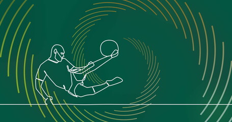 Image of drawing of male soccer player kicking ball and shapes on green background © vectorfusionart