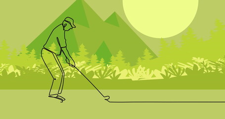 Image of drawing of male golf player over landscape