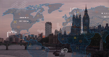 Image of world map and data processing over london cityscape
