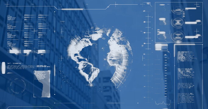 Image of financial data processing with globe over cityscape