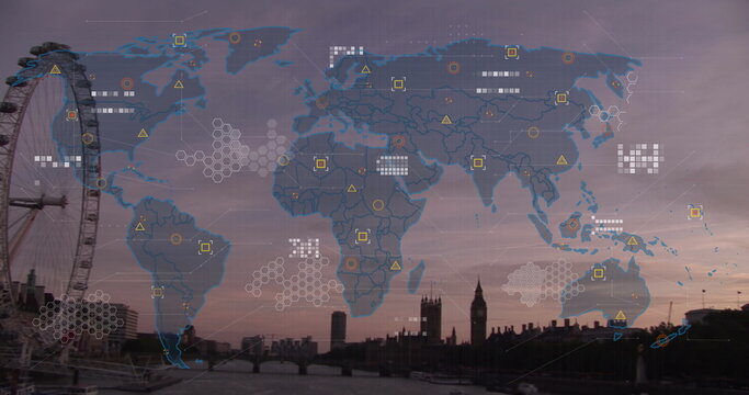Image of world map and data processing over london cityscape