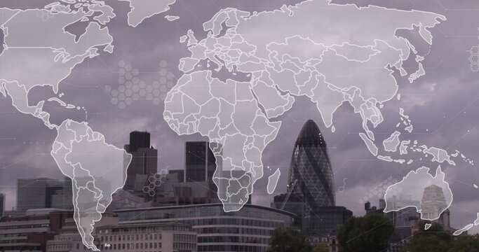 Image of world map and data processing over london cityscape - Powered by Adobe