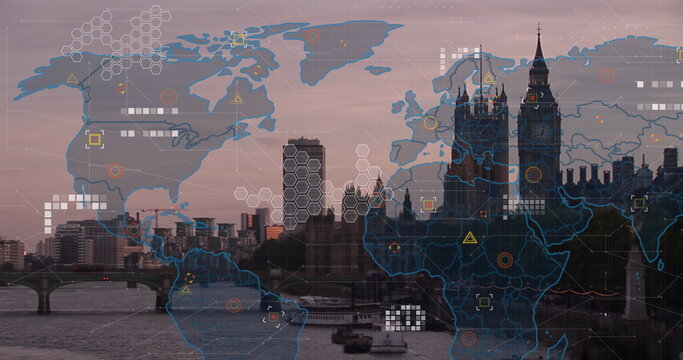 Image of world map and data processing over london cityscape