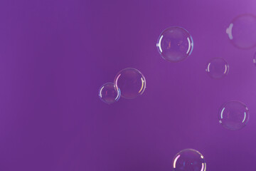 Beautiful transparent soap bubbles on violet background, space for text
