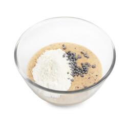 Raw dough with chocolate chips in bowl isolated on white