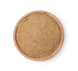 Dietary fiber. Psyllium husk powder in bowl isolated on white, top view