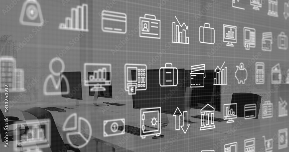 Poster image of multiple digital icons over grid network against empty office