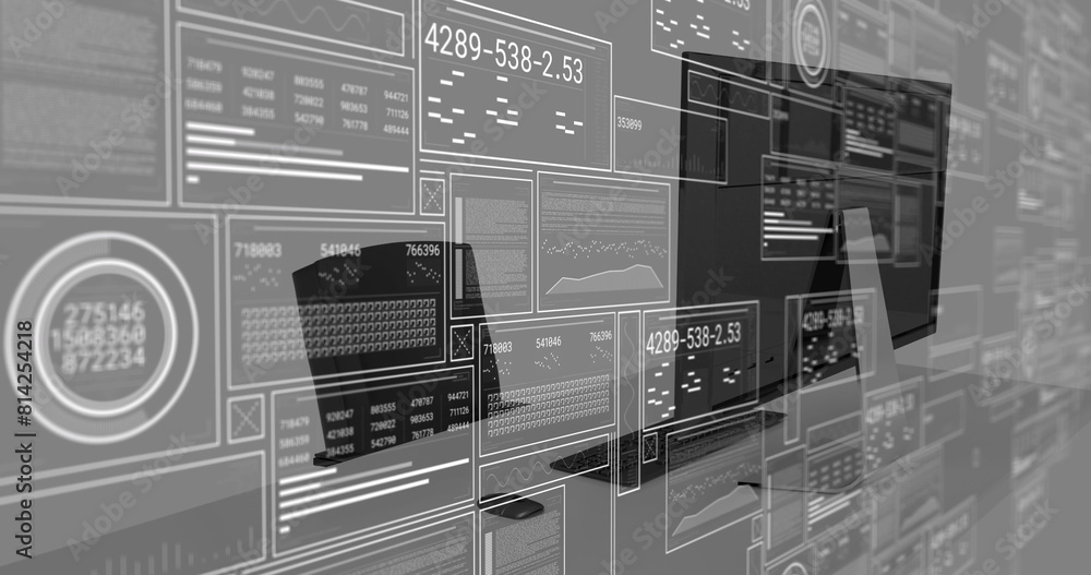 Poster image of network of connections with icons over office desk with computer