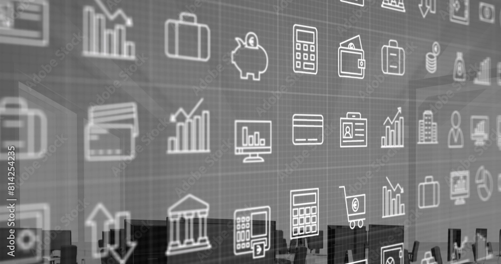 Poster image of multiple digital icons over grid network against empty office