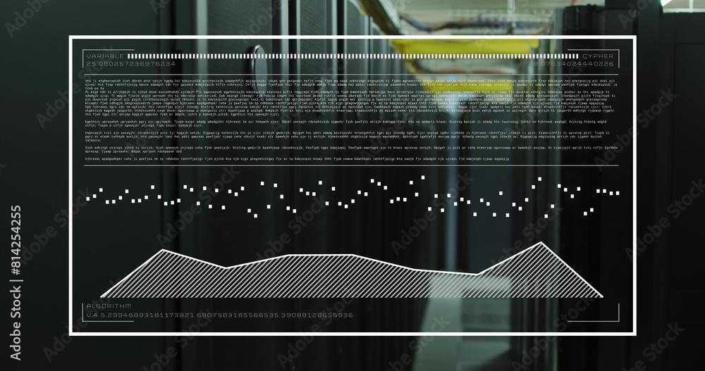 Poster image of interface with data processing against computer server room