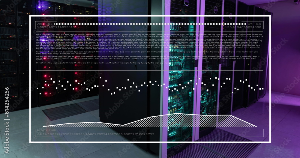 Poster image of interface with data processing against computer sever room