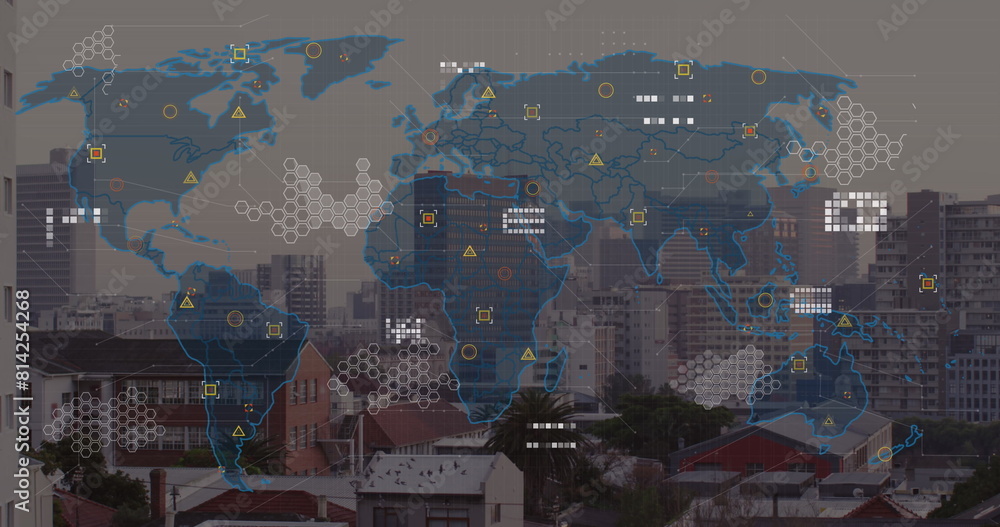 Poster digital map overlaying cityscape, showing various data points