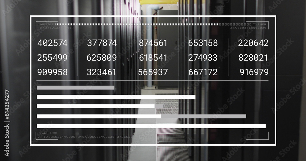 Poster image of interface with data processing against computer server room
