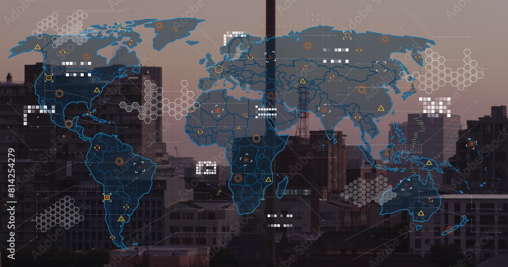 Poster image of world map and data processing against aerial view of cityscape
