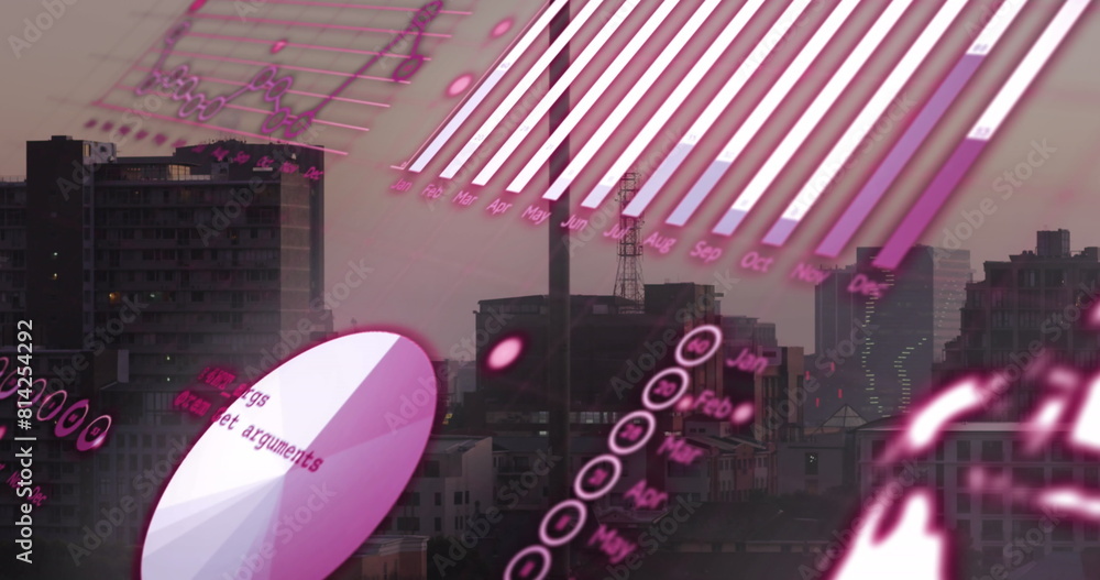 Poster image of statistical data processing against aerial view of cityscape