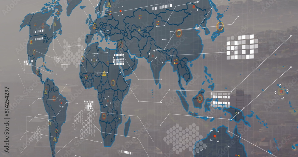 Poster image of world map and data processing against aerial view of cityscape
