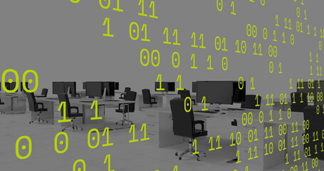 Image of data processing over office desks with computers