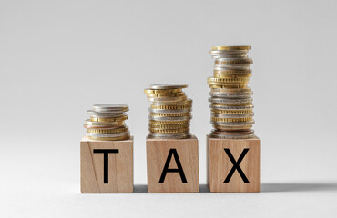 Word Tax made of wooden cubes and coins on white background, space for text