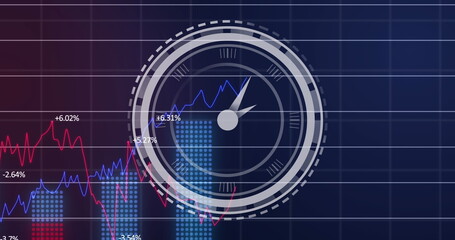 Image of ticking clock over statistical data processing against purple gradient background