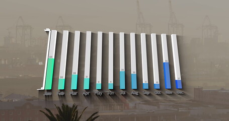 Image of statistical data processing against aerial view of cityscape