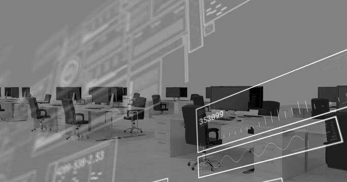 Image of interface with data processing against empty office - Powered by Adobe