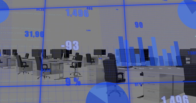 Image of statistical data processing over grid network against empty office