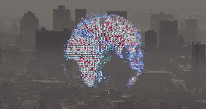 Image of spinning globe icon against aerial view of cityscape - Powered by Adobe