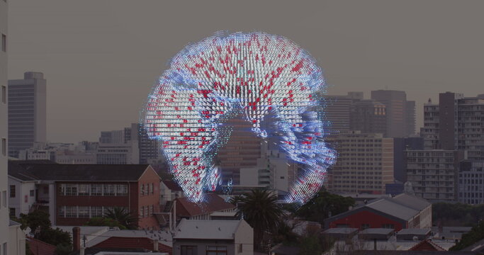 Image of spinning globe icon against aerial view of cityscape