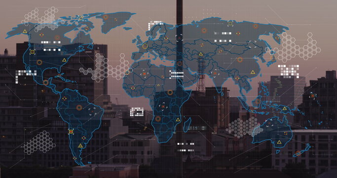 Image of world map and data processing against aerial view of cityscape