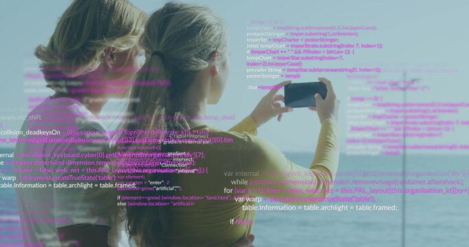 Image of data processing over caucasian couple using smartphone