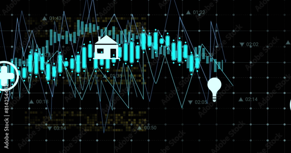 Poster image of multiple digital icons over grid network against black background