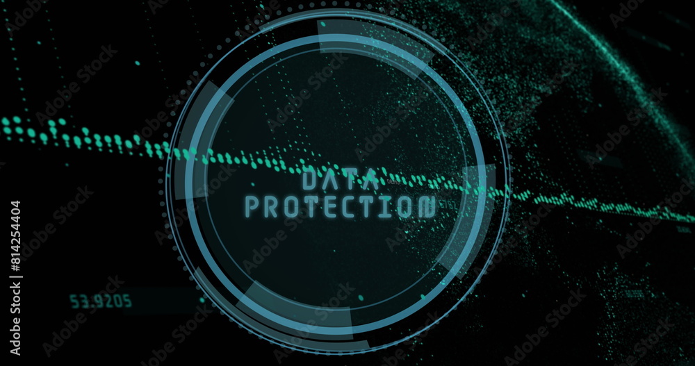 Poster image of data processing against data protection text over spinning round scanner