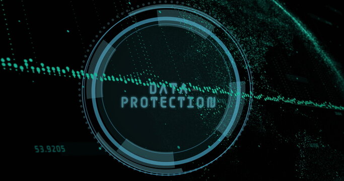 Image of data processing against data protection text over spinning round scanner
