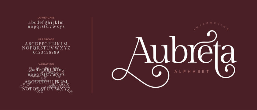 Aubreta elegant font alphabet uppercase lowercase and number. Classic lettering minimal fashion designs. Typography modern serif fonts regular decorative vintage concept. Vector illustration