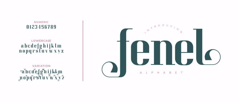 Fenel elegant font alphabet uppercase lowercase and number. Classic lettering minimal fashion designs. Typography modern serif fonts regular decorative vintage concept. Vector illustration