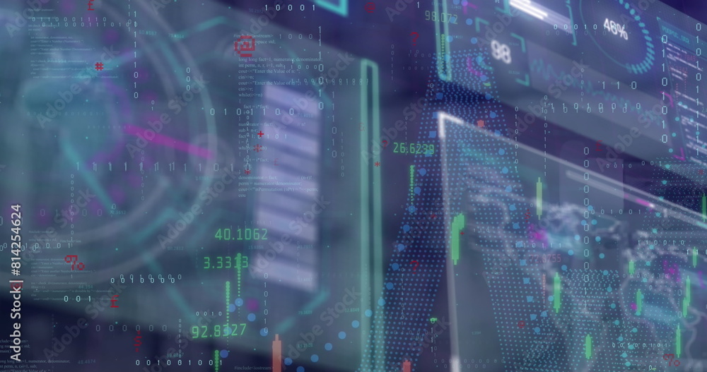 Poster image of data processing on screens over dark background
