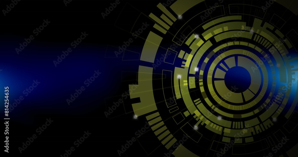 Poster image of spinning round scanner, world map and data processing against black background