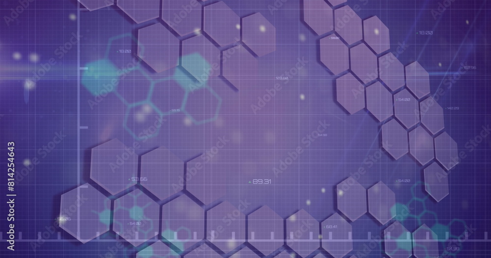 Poster image of changing profile icons and data processing against hexagonal shapes on blue background