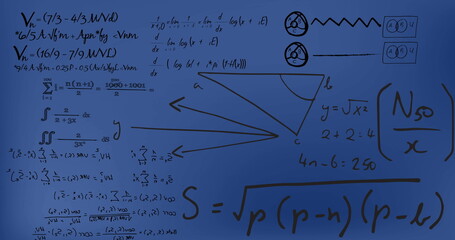 Image of mathematical data processing over blue background