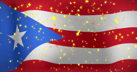 Image of falling confetti over waving flag of puerto rico in background