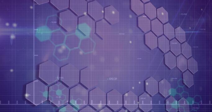 Image of changing profile icons and data processing against hexagonal shapes on blue background