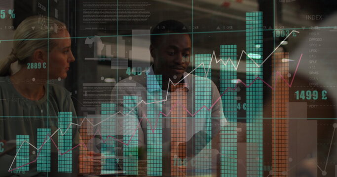 Image of statistical data processing against diverse colleagues discussing together at office