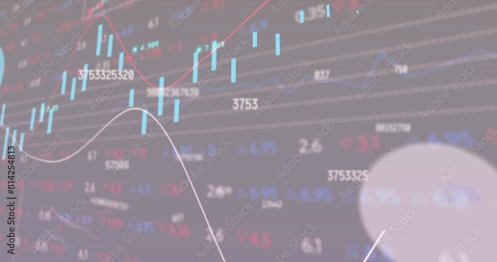 Poster image of changing numbers, statistical, stock market data processing on blue gradient background