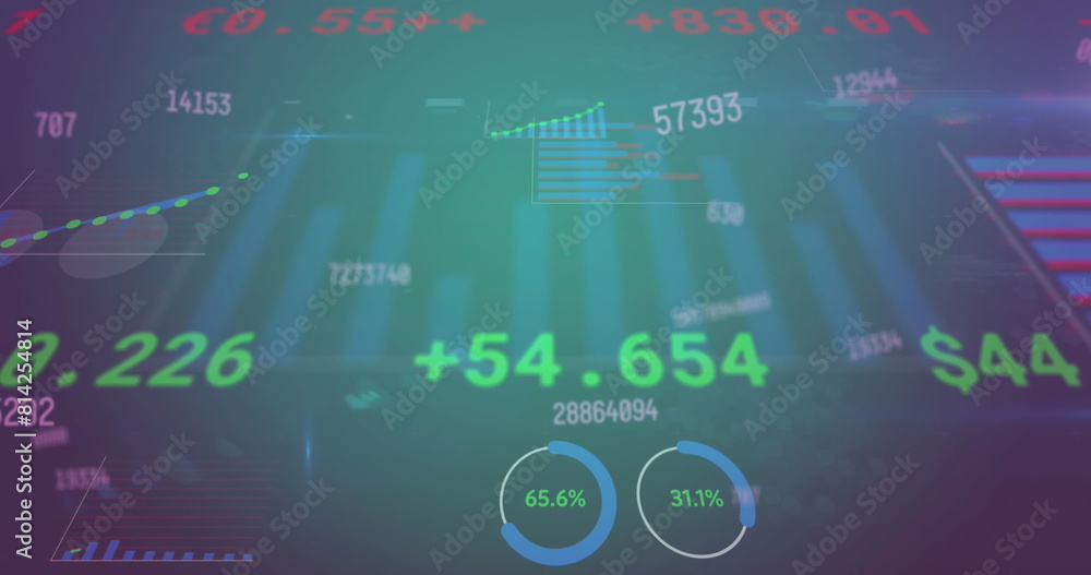 Poster image of changing numbers, statistical, stock market data processing on blue gradient background
