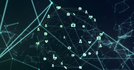 Image of medical icons connecting with lines and forming globe over connected dots