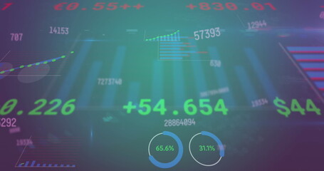 Image of changing numbers, statistical, stock market data processing on blue gradient background