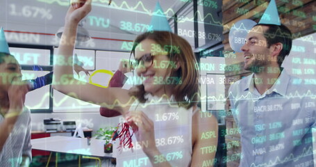 Image of stock market data moving over multiracial colleague dancing in office party