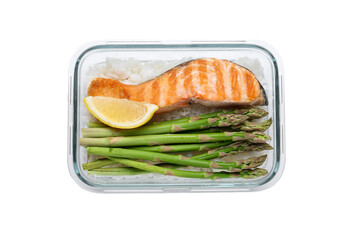 Healthy meal. Grilled salmon, rice and asparagus in container isolated on white, top view